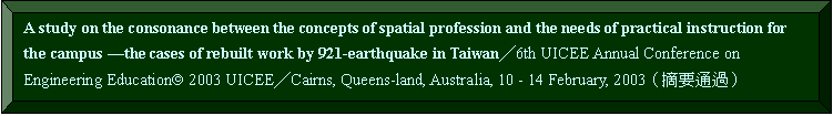 s: A study on the consonance between the concepts of spatial profession and the needs of practical instruction for the campus Xthe cases of rebuilt work by 921-earthquake in Taiwan6th UICEE Annual Conference on Engineering Educationã 2003 UICEECairns, Queens-land, Australia, 10 - 14 February, 2003]KnqL^