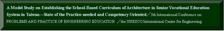 s: A Model Study on Establishing the School-Based Curriculum of Architecture in Senior Vocational Education System in TaiwanXState of the Practice-needed and Competency Oriented5th International Conference on PROBLEMS AND PRACTICE OF ENGINEERING EDUCATION the UNESCO International Centre for Engineering Education]UICEE^& The Russian Association for Engineering EducationTomsk Polytechnic University, Russia2002.05.