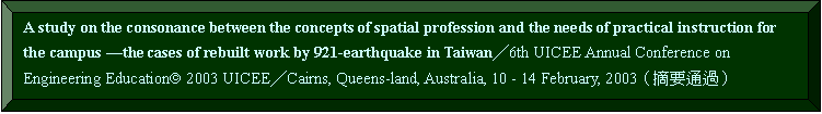 s: A study on the consonance between the concepts of spatial profession and the needs of practical instruction for the campus Xthe cases of rebuilt work by 921-earthquake in Taiwan6th UICEE Annual Conference on Engineering Educationã 2003 UICEECairns, Queens-land, Australia, 10 - 14 February, 2003]KnqL^